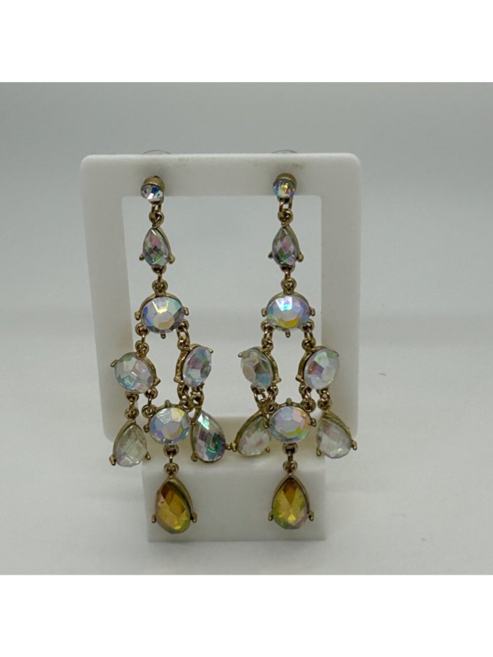 Vintage Gold Tone Aurora Borealis Earrings Acrylic Rhinestone Chandelier Dangle - Picture 6 of 10
